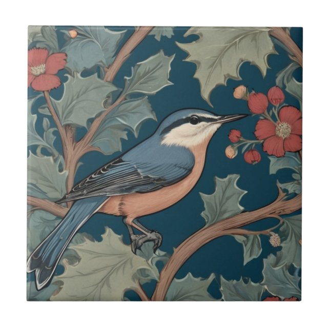 William Morris stil Höger Facing Nuthatch Bird Kakelplatta (Framsidan)