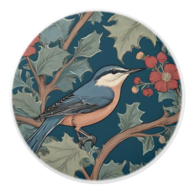William Morris stil Höger Facing Nuthatch Bird Knopp (Framsidan)