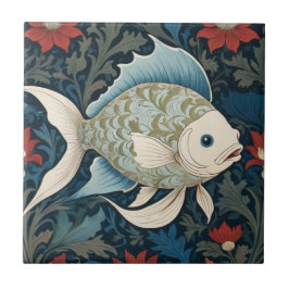 William Morris stil Höger Fish Nautical Sea Ocean Kakelplatta