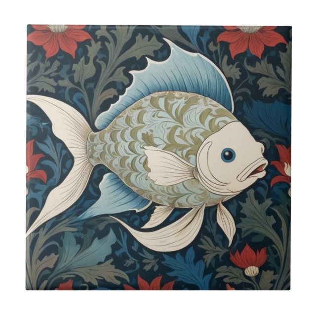 William Morris stil Höger Fish Nautical Sea Ocean Kakelplatta (Framsidan)