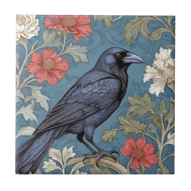 William Morris stil Höger med Black Kråka Bird Kakelplatta (Framsidan)