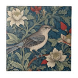 William Morris stil Höger Mockingbird Bird blommig Kakelplatta<br><div class="desc">"classy Classic art nouveau",  "Northern Mockingbird mocking Bird",  "sage grönt woodland animals",  "william morris ceramic tile",  "leafy mörk navy blue",  "snyggt red forest träd löv",  "höger vänt mot vintagar",  "wildlife doranimal on gren",  "nature blommigt blommanical",  "löv botanical",  "c" Traditionella antika blommor"</div>