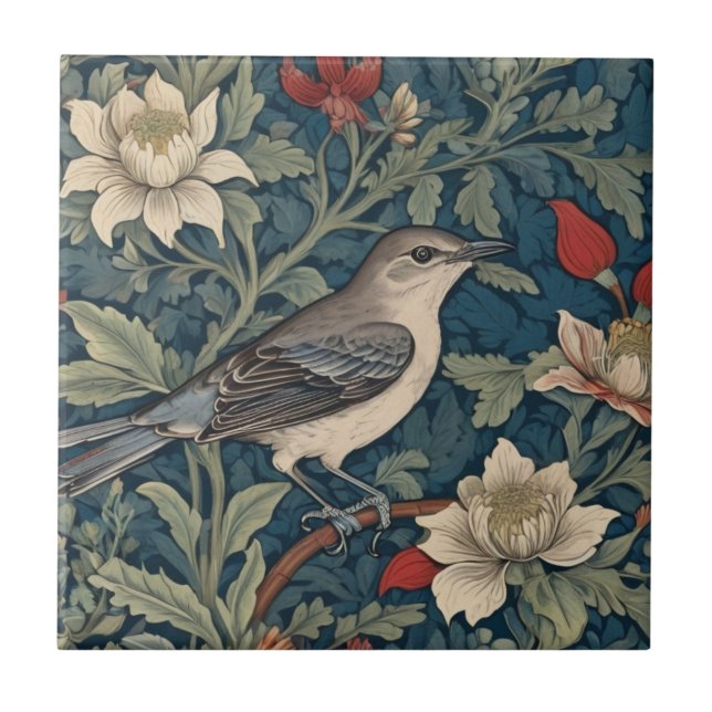 William Morris stil Höger Mockingbird Bird blommig Kakelplatta (Framsidan)