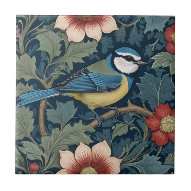 William Morris stil-Höger mot Bird Blue Tit Kakelplatta (Framsidan)