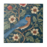 William Morris stil Höger mot Bluebird Bird Kakelplatta<br><div class="desc">"classy Classic art nouveau",  "Flowery orange bluebird Bird",  "sage grönt woodland animals",  "william morris ceramic tile tile",  "leafy mörk navy blue",  "snyggt red forest träd löv",  "höger face vintage bird",  "wildlife horanimal on gren",  "nature blommigt blommanical",  "botanical". löv blommor traditionellt antika"</div>