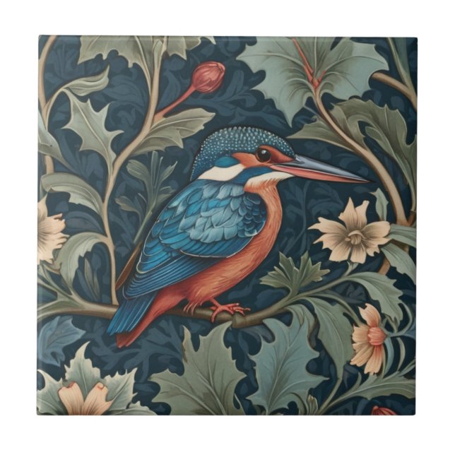 William Morris stil Höger mot Kingfisher Bird Kakelplatta (Framsidan)