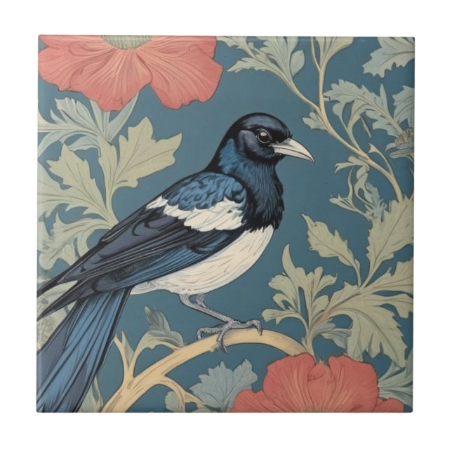 William Morris stil Höger vänd mot Magpie Bird Kakelplatta (Framsidan)
