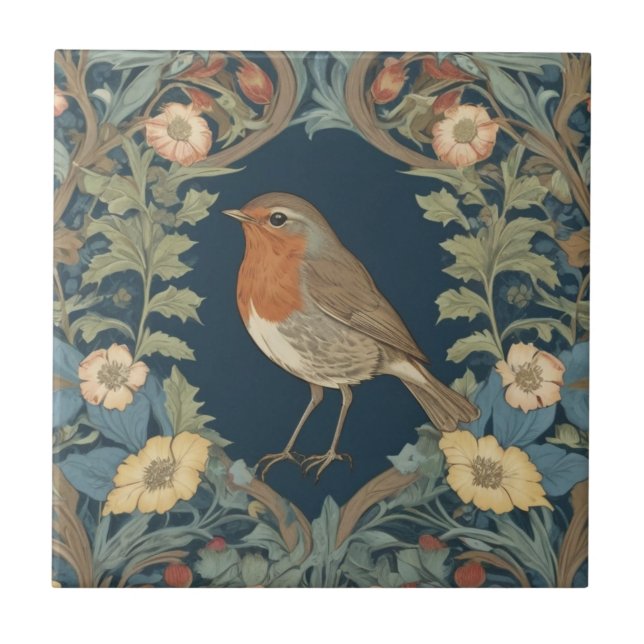 William Morris stil L Robin Redbröd Bird Kakelplatta (Framsidan)