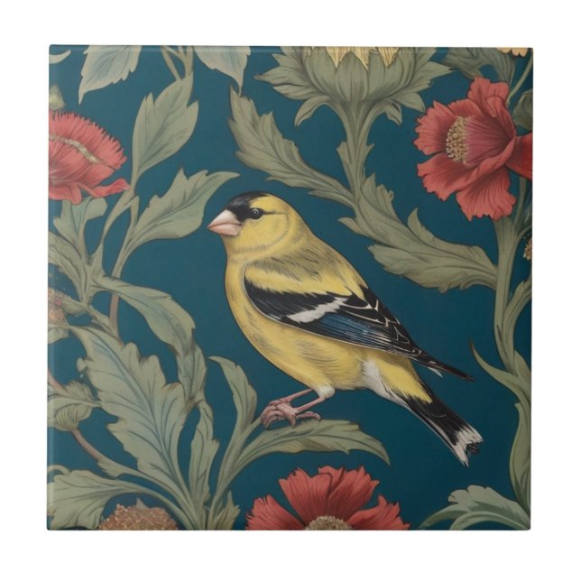 William Morris stil Lämnade American Goldfinch Bir Kakelplatta (Framsidan)