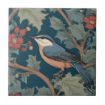 William Morris stil Lämnade Facing Nuthatch Bird Kakelplatta<br><div class="desc">"classy Classic art nouveau",  "nöt hatch nuthatch Bird",  "sage grönt woodland animals",  "william morris ceramic tile tile",  "leafy mörk navy blue",  "snyggt red forest träd löv",  "lämnat vänd vintage bird",  "wildlife horanimal on gren",  "nature blommigt blommanical",  "botanical". gammalmodig traditionell antik"</div>