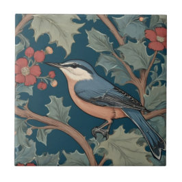 William Morris stil Lämnade Facing Nuthatch Bird Kakelplatta