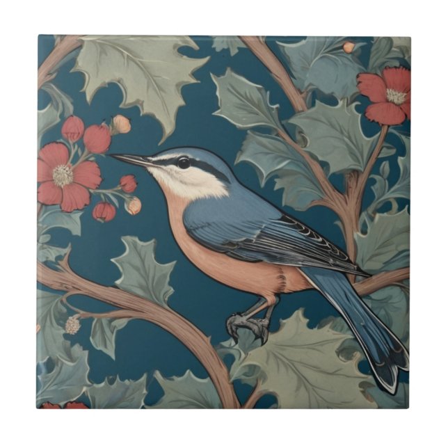 William Morris stil Lämnade Facing Nuthatch Bird Kakelplatta (Framsidan)