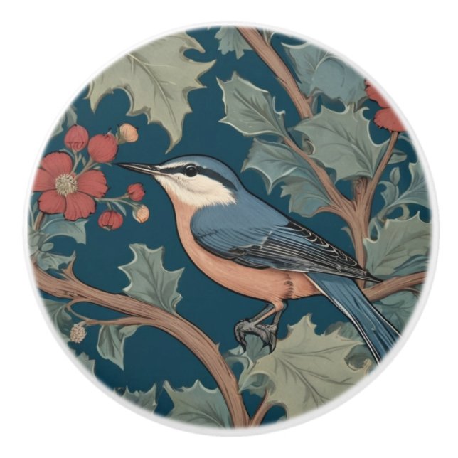 William Morris stil Lämnade Facing Nuthatch Bird Knopp (Framsidan)