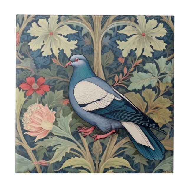 William Morris stil Lämnat Blommigt Pigeon Bird Kakelplatta (Framsidan)