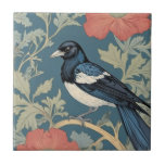 William Morris stil Lämnat bredvid Magpie Bird Kakelplatta<br><div class="desc">"classy Classic art nouveau",  "black and white magpie Bird",  "sage grönt woodland animals",  "british william morris ceramic tile tile tile tile",  "leafy mörk navy blue raven",  "snyggt red forest träd löv",  "lämnat vänd mot engelska vintagar bird",  "wildlife farm on gren",  "nature blommigt botanical ",  "löv blommor,  traditionell antika"</div>