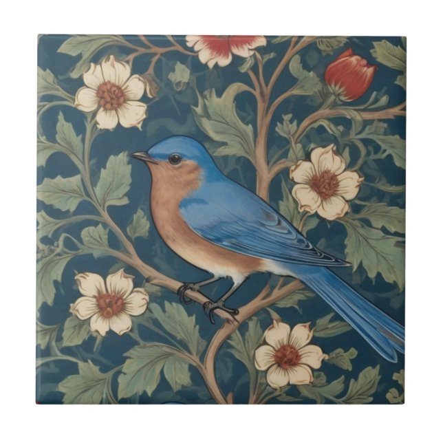 William Morris stil Lämnat mot Bluebird Bird Kakelplatta (Framsidan)