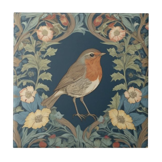 William Morris stil R Robin Redbröd Bird Kakelplatta (Framsidan)