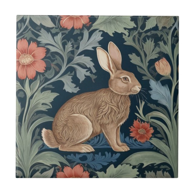 William Morris stil Rabbit Höger Facing Blommigt Kakelplatta (Framsidan)