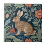 William Morris stil Rabbit Lämnat Facing Blommigt Kakelplatta<br><div class="desc">"land klassisk art nouveau",  "realistisk brun kanin",  "viltlevande trädsdjur",  "gröntarna trädsdjur",  "british william morris keramic tile",  "leafy skogen navy blue",  "forest träd löv lämna antique",  "mörk coral red wildblomme",  "wildlife english",  "av vintage blommanical". "blommigt vända blommor traditionella"</div>
