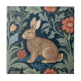William Morris stil Rabbit Lämnat Facing Blommigt Kakelplatta