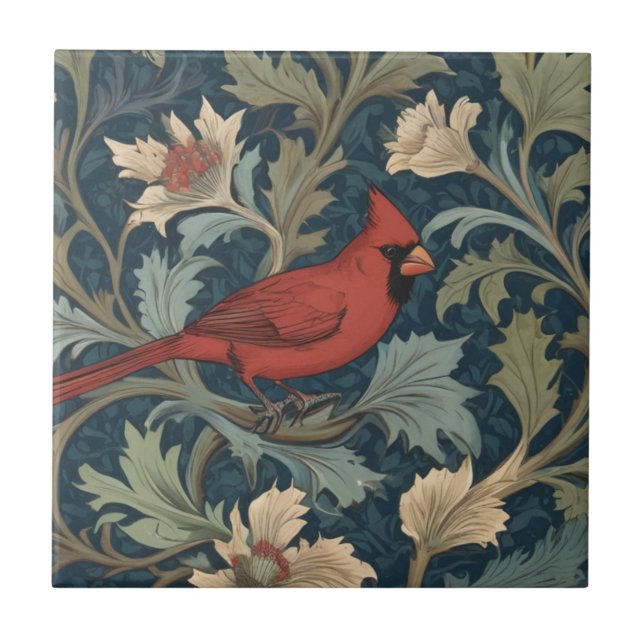 William Morris stil Red Cardinal Bird höger Kakelplatta (Framsidan)