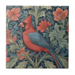 William Morris stil Red Cardinal Bird L blommigt Kakelplatta<br><div class="desc">"classy Classic art nouveau",  "red crested cardinal bird",  "sage grönt woodland animals",  "william morris ceramic tile",  "leafy mörk navy blue",  "snyggt forest träd löv",  "lämnat vänd vintage Birds",  "wildlife trädgåranimal on gren",  "nature blommigt botanical",  "gammaldags traditionellt djur" antik"</div>