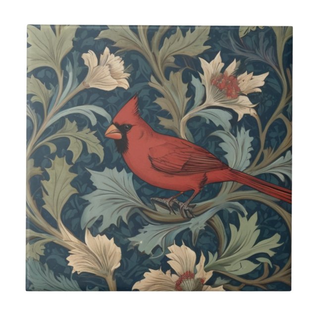 William Morris stil Red Cardinal Bird lämnat vänd Kakelplatta (Framsidan)