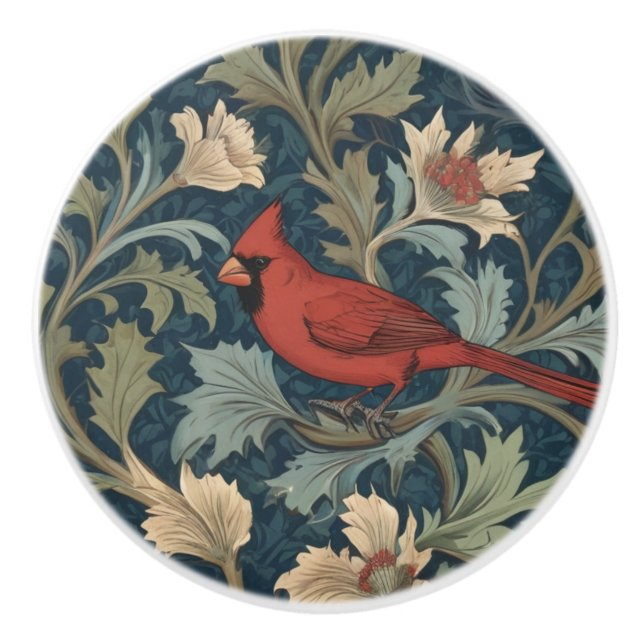William Morris stil Red Cardinal Bird lämnat vänd Knopp (Framsidan)
