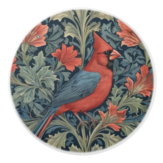 William Morris stil Red Cardinal Bird R blommigt Knopp (Framsidan)