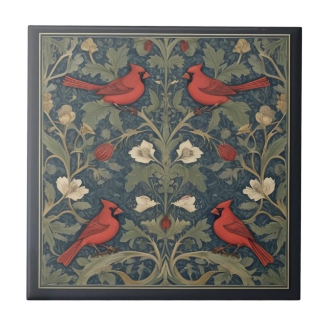 William Morris stil Red Cardinal Birds Kakelplatta (Framsidan)
