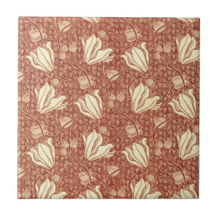 William Morris Stil Röd Lilja Blommig Mönster Kakelplatta