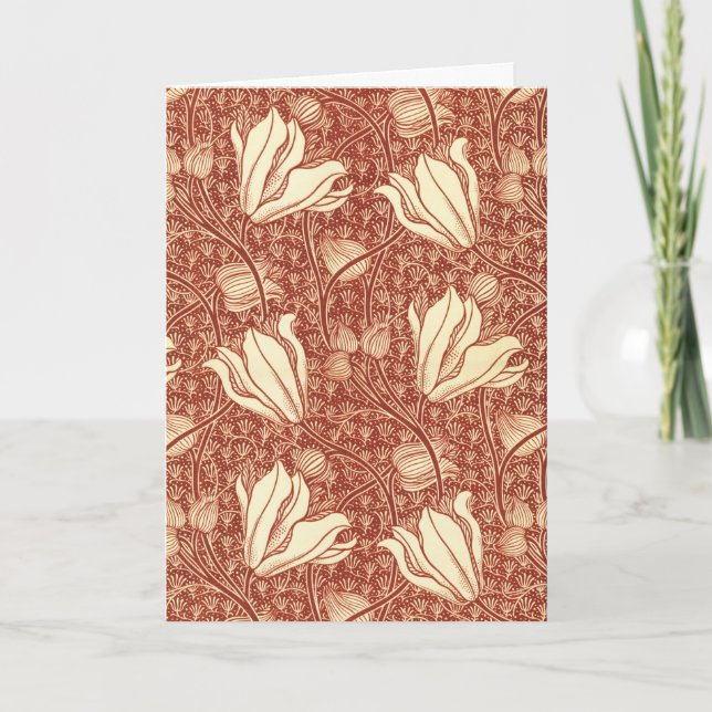 William Morris Stil Röd Lilja Blommönster Helgkort (Framsida)