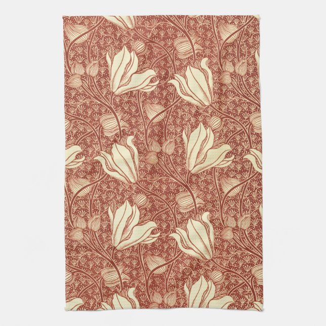 William Morris Stil Röd Lilja Blommönster Kökshandduk (Vertikal)