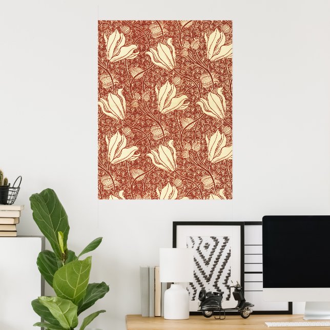 William Morris Stil Röd Lilja Blommönster Poster (Hemmakontoret)