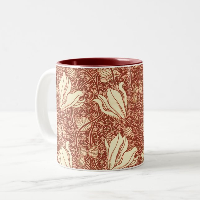 William Morris Stil Röd Lilja Blommönster Två-Tonad Mugg (Framsida vänster)