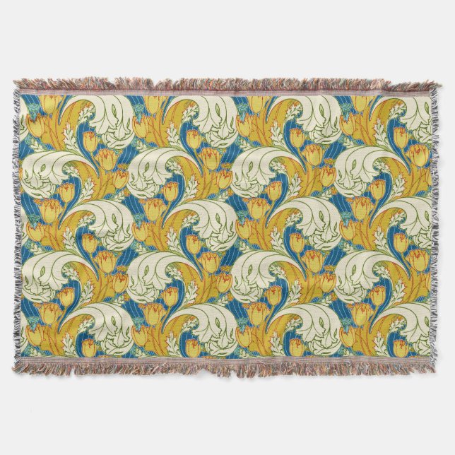 William Morris stil Teal & Guld Tulpan Blommig Kon Filt (Framsidan)