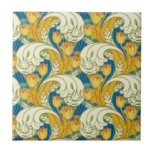 William Morris stil Teal & Guld Tulpan Blommig Kon Kakelplatta