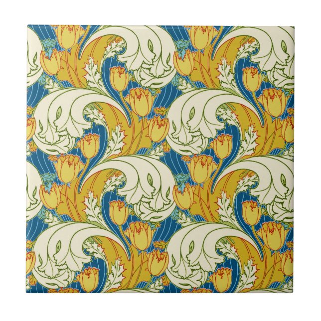 William Morris stil Teal & Guld Tulpan Blommig Kon Kakelplatta (Framsidan)