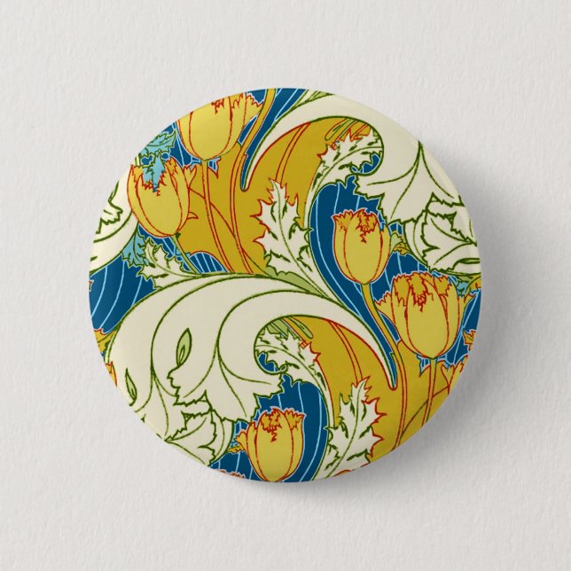 William Morris stil Teal & Guld Tulpan Blommig Kon Knapp (Framsida)