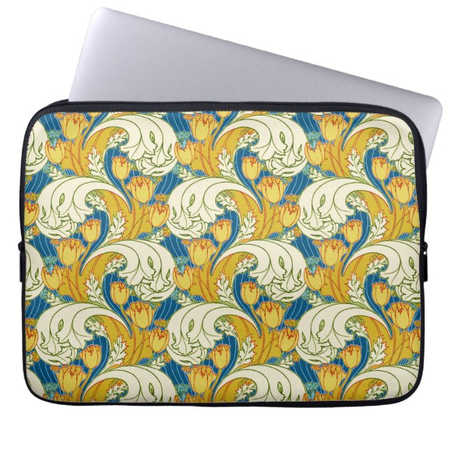 William Morris stil Teal & Guld Tulpan Blommig Kon Laptop Fodral (Framsidan)