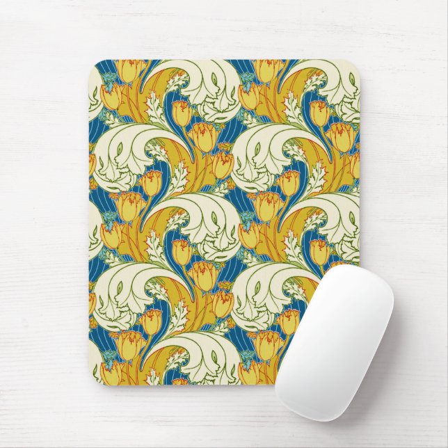 William Morris stil Teal & Guld Tulpan Blommig Kon Musmatta (Med mus)