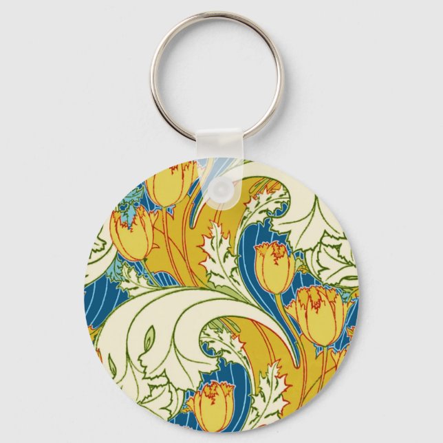 William Morris stil Teal & Guld Tulpan Blommig Kon Nyckelring (Framsida)