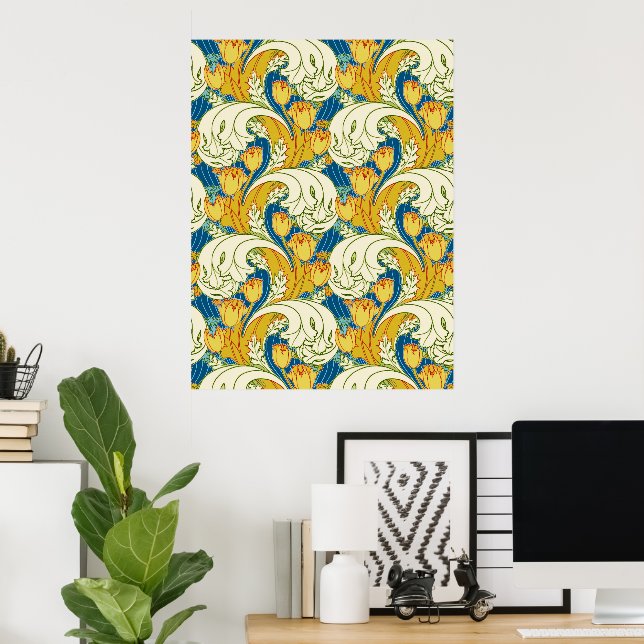 William Morris stil Teal & Guld Tulpan Blommig Kon Poster (Hemmakontoret)