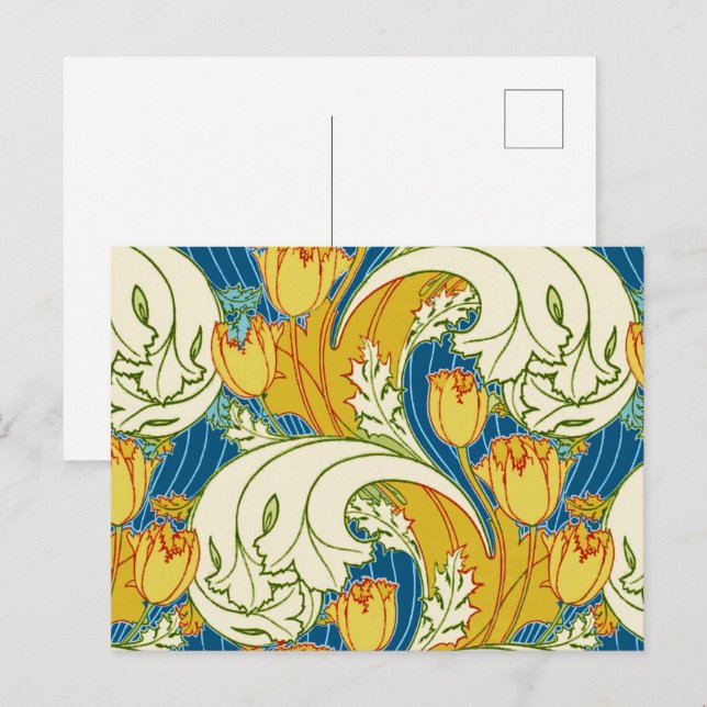 William Morris stil Teal & Guld Tulpan Blommig Kon Vykort (Fram/baksida)