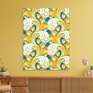 William Morris stil Teal & Guld Tulpan Blommönster Canvastryck