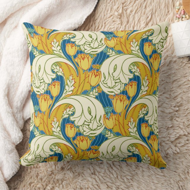 William Morris stil Teal & Guld Tulpan Blommönster Kudde (Filt)