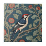 William Morris stil Underbar spottschaktare Bird Kakelplatta<br><div class="desc">"classy Classic art nouveau",  "Red Underbar spoted woodpecker Bird",  "sage grönt woodland animals",  "william morris ceramic tile",  "leafy mörk navy blue",  "snyggt forest träd löv",  "höger vänt mot vintagar fåglar",  "vildlevande trädgårdsdjur på gren",  "ature blommigt botanical". "gammaldags traditionell antika"</div>