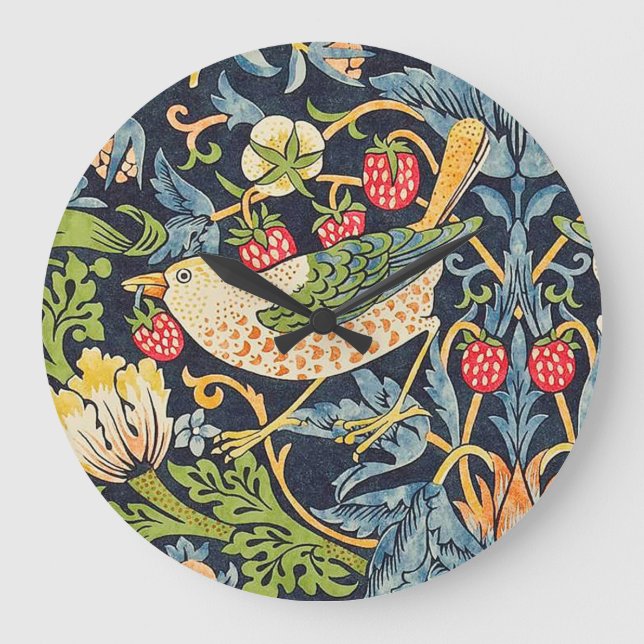 William Morris Strawberry Thief Blommönster Stor Klocka (Framsida)