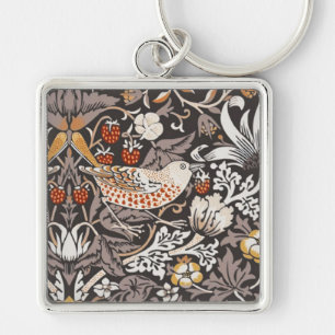 William Morris Strawberry Thief Charcoal Ochre Fyrkantig Silverfärgad Nyckelring