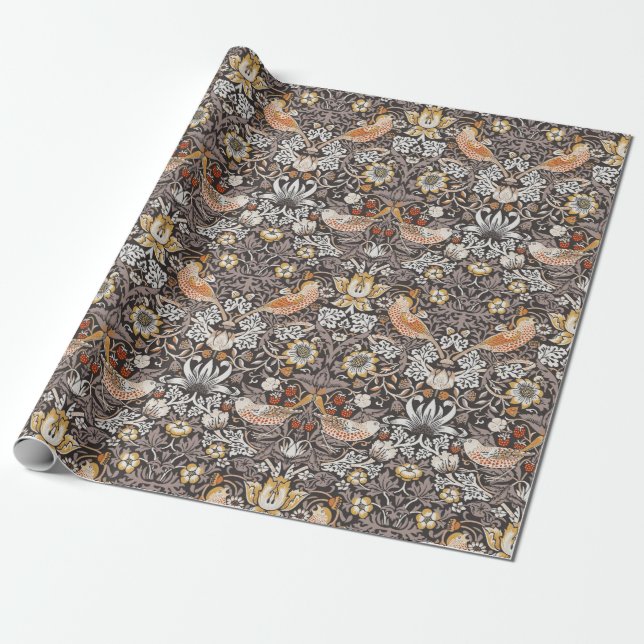 William Morris Strawberry Thief Charcoal Ochre Presentpapper (Utrullad)